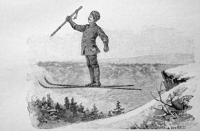 Framed Print : Jump with snowshoes, ski, Norway, 1885, digitally restored reproduction of an original 19th-century painting Framed Print : Jump with snowshoes, ski, Norway, 1885, digitally restored reproduction of an original 19th-century painting