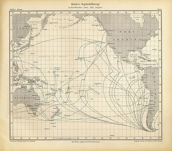 June, July and August Sailing Ship Routes Chart, Pacific Ocean, German Antique Victorian Engraving, 1896