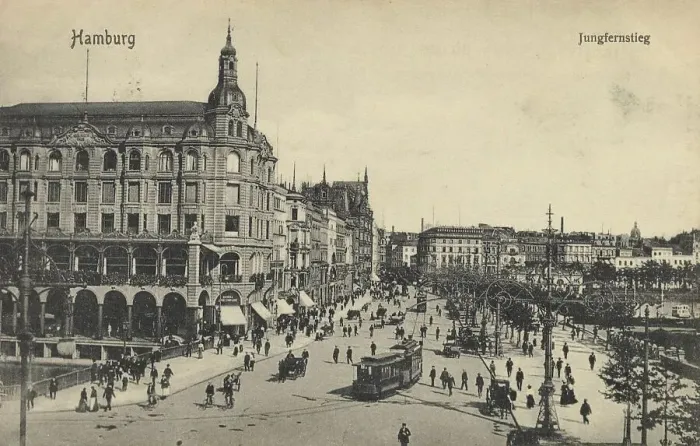 Framed Print : The Jungfernstieg, Hamburg, Germany, postcard with text, view circa 1910, historical, digital reproduction of a historical postcard, public domain, from that time, exact date unknown Framed Print : The Jungfernstieg, Hamburg, Germany, postcard with text, view circa 1910, historical, digital reproduction of a historical postcard, public domain, from that time, exact date unknown