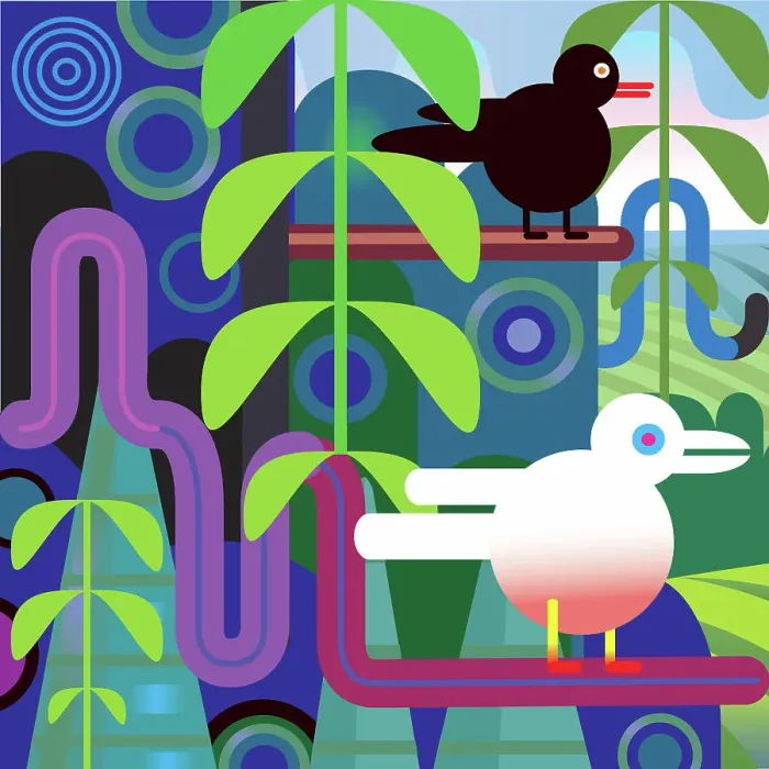 Framed Print : Jungle Vector Illustration with Birds, Trees, Landscape Framed Print : Jungle Vector Illustration with Birds, Trees, Landscape