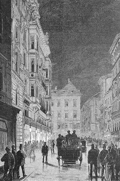 The Kaerntnerstrasse or Carinthian Street in Vienna in the Evening, Austria, historical, digitally restored reproduction of a 19th century original
