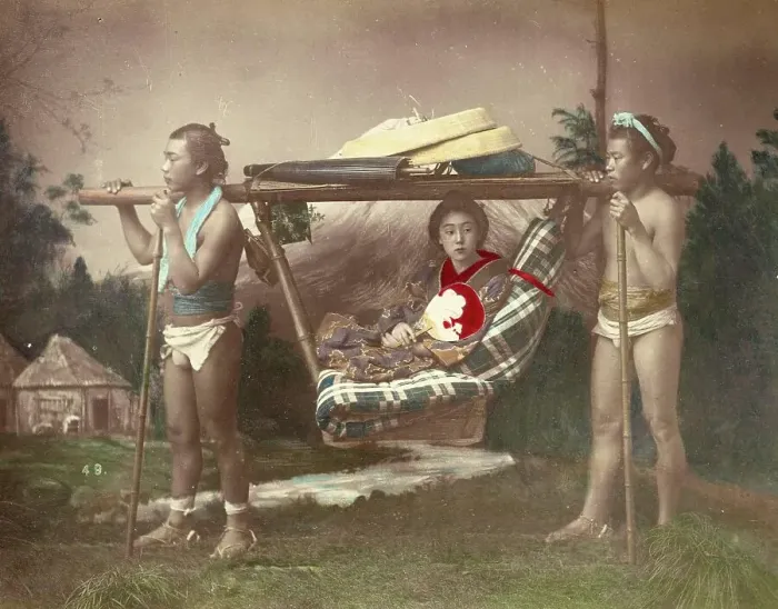Framed Print : Kago Travelling Chair, Japanese woman being carried in a palanquin by two men, distinguished lady with her servants, c. 1870, Japan, Historic, digitally restored reproduction from an original of the period