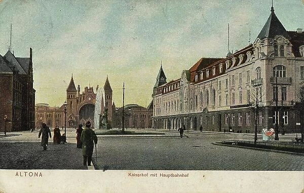 Kaiserhof with main station in Altona, Hamburg, Germany, postcard with text, view around ca 1910, historical, digital reproduction of a historical postcard, public domain, from that time, exact date unknown