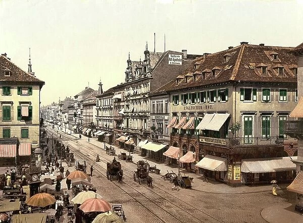 The Kaiserstrasse in Karlsruhe, Badem-Wuerttemberg, Germany, Historic, digitally restored reproduction of a photochrome print from the 1890s