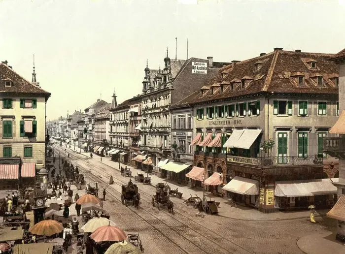 Framed Print : The Kaiserstrasse in Karlsruhe, Badem-Wuerttemberg, Germany, Historic, digitally restored reproduction of a photochrome print from the 1890s Framed Print : The Kaiserstrasse in Karlsruhe, Badem-Wuerttemberg, Germany, Historic, digitally restored reproduction of a photochrome print from the 1890s