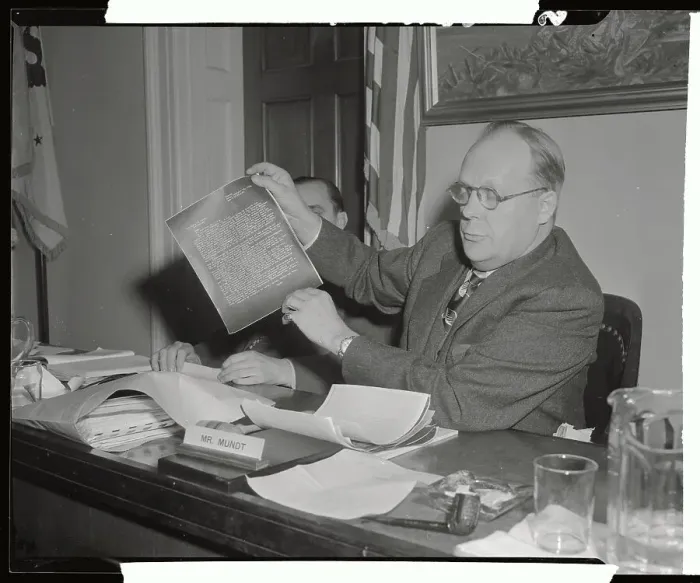 Framed Print : Karl Mundt Holding Papers as Evidence in Hearing Framed Print : Karl Mundt Holding Papers as Evidence in Hearing