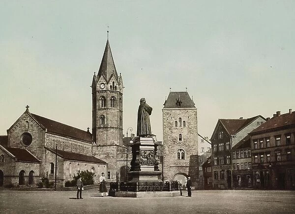 Karlsplatz and Luther Monument in Eisenach, Thuringia, Germany, Historic, digitally restored reproduction of a photochrome print from the 1890s