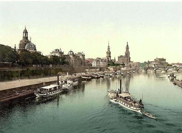 The Karola Bridge and the Old Town of Dresden in Saxony, Germany, Historic, digitally restored reproduction of a photochromic print from the 1890s