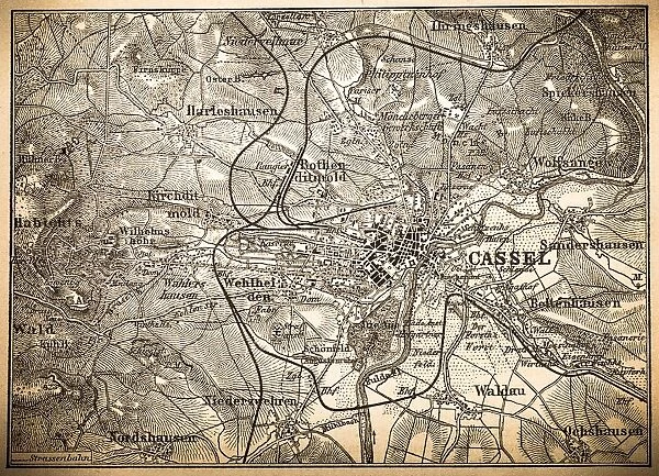 Kassel. Antique illustration of a Kassel map