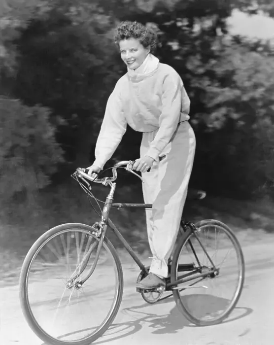 Framed Print : Katharine Hepburn on Bicycle Framed Print : Katharine Hepburn on Bicycle