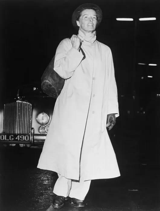 Framed Print : Katharine Hepburn in Raincoat
