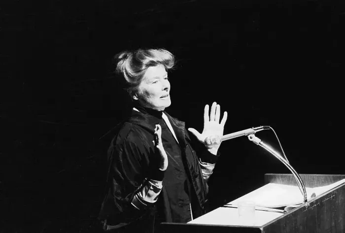 Framed Print : Katharine Hepburn Speaking at Podium Framed Print : Katharine Hepburn Speaking at Podium