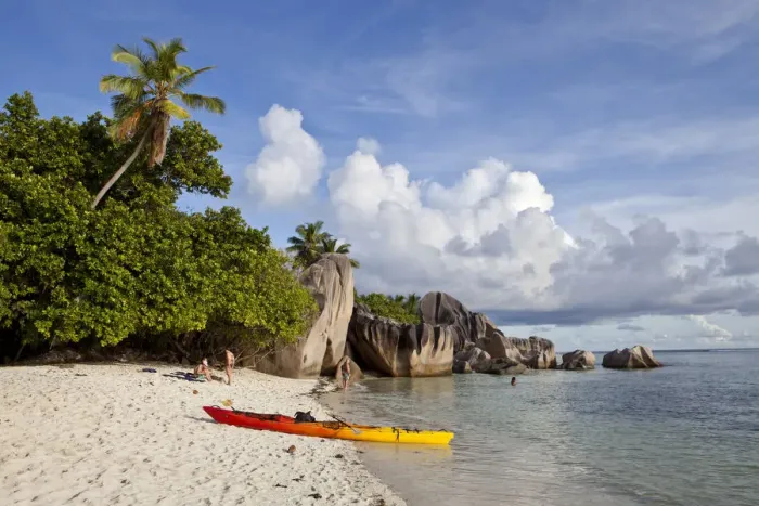 Framed Print : Kayaking at Anse Source d Argent, rock formations, La Digue, Seychelles, Africa, Indian Ocean Framed Print : Kayaking at Anse Source d Argent, rock formations, La Digue, Seychelles, Africa, Indian Ocean