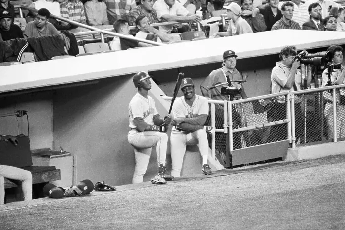 Framed Print : Ken Griffey and Ken Griffey Jr. in the Dugout Framed Print : Ken Griffey and Ken Griffey Jr. in the Dugout