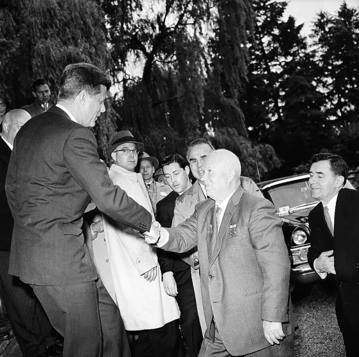 Framed Print : Kennedy and Krushchev Shake Hands at Meeting