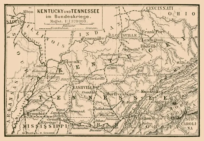 Framed Print : Kentucky and Tennessee in federal war map