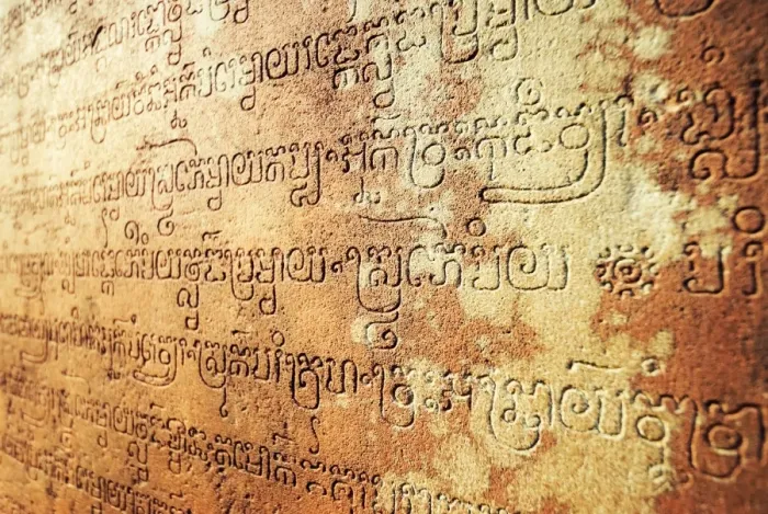 Framed Print : Khmer writing, Banteay Srei, Angkor Wat Framed Print : Khmer writing, Banteay Srei, Angkor Wat