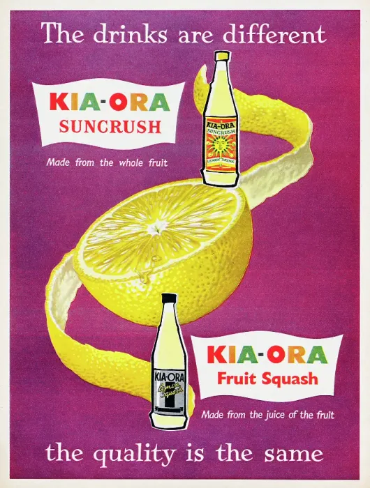 Framed Print : Kia-Ora. 1956: Advertisement for Kia-Ora Suncrush Lemon Drink and Lemon Squash drink Framed Print : Kia-Ora. 1956: Advertisement for Kia-Ora Suncrush Lemon Drink and Lemon Squash drink
