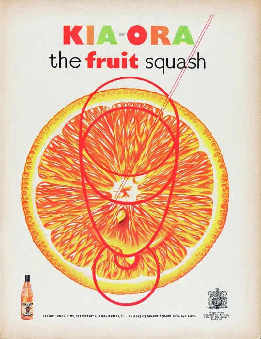 Framed Print : Kia-Ora. 1954: Advertisement for Kia-Ora fruit squash drink showing a slice of orange Framed Print : Kia-Ora. 1954: Advertisement for Kia-Ora fruit squash drink showing a slice of orange