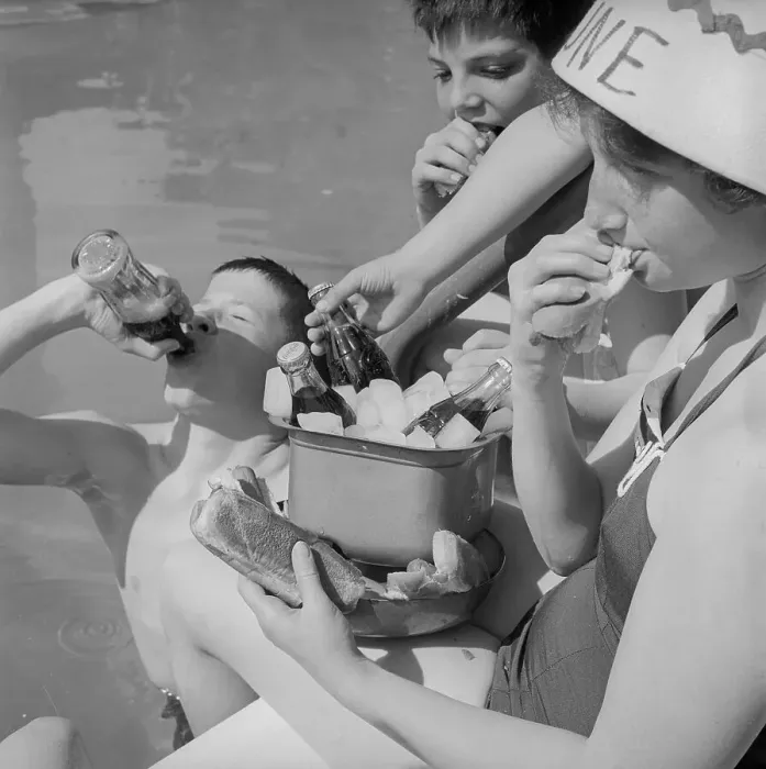 Framed Print : Kids Having Coca Cola and Hot Dogs by Pool Framed Print : Kids Having Coca Cola and Hot Dogs by Pool