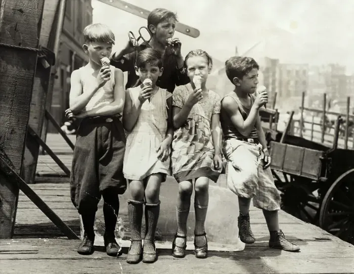 Framed Print : Kids Sitting on Ice Block Eating Ice Cream Cones
