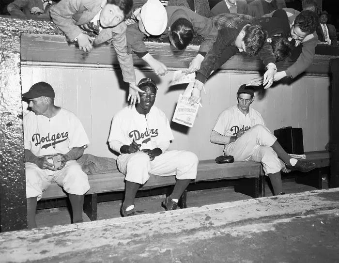 Framed Print : Kids Try for Jackie Robinson's Autograph Framed Print : Kids Try for Jackie Robinson's Autograph