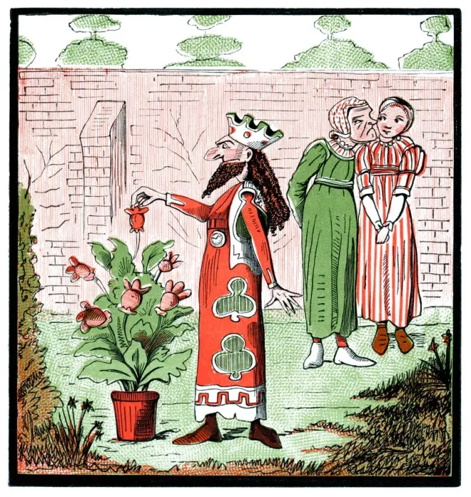 Framed Print : King picking flower buds (Victorian cartoon) Framed Print : King picking flower buds (Victorian cartoon)