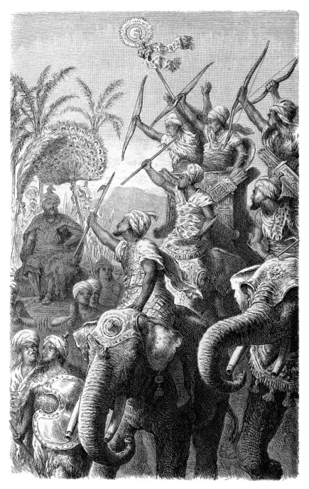 Framed Print : King Porus (?-317 BC) mustering his elephants before the battle Framed Print : King Porus (?-317 BC) mustering his elephants before the battle