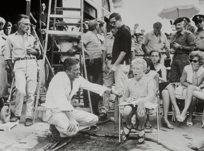 Framed Print : Kirk Douglas Rehearsing with His young Son on Movie Set Framed Print : Kirk Douglas Rehearsing with His young Son on Movie Set