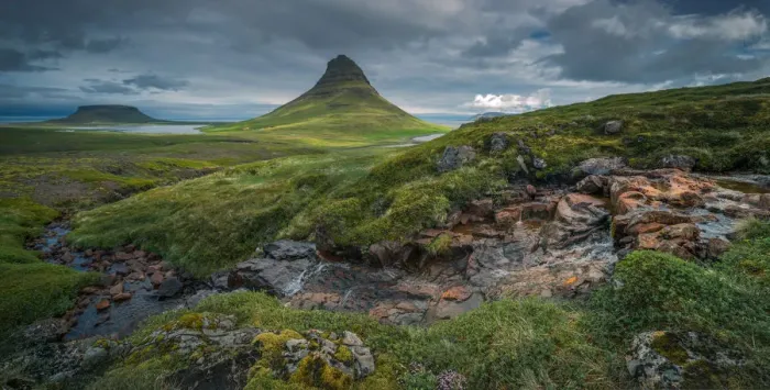 Framed Print : Kirkjufell mountain with creek foreground in panorama Framed Print : Kirkjufell mountain with creek foreground in panorama