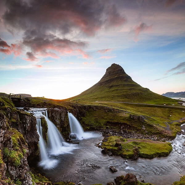 Kirkjufell mountain and waterfall at sunset, Snaefellsnes, Iceland
