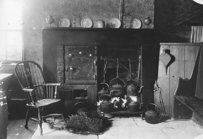 Framed Print : Kitchen. circa 1903: Kitchen living room view with kettles Framed Print : Kitchen. circa 1903: Kitchen living room view with kettles