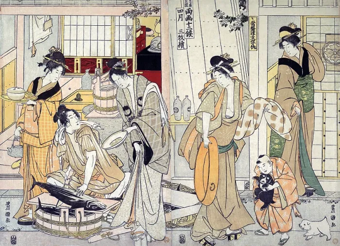 Framed Print : Kitchen with women preparing fresh caught fish Framed Print : Kitchen with women preparing fresh caught fish