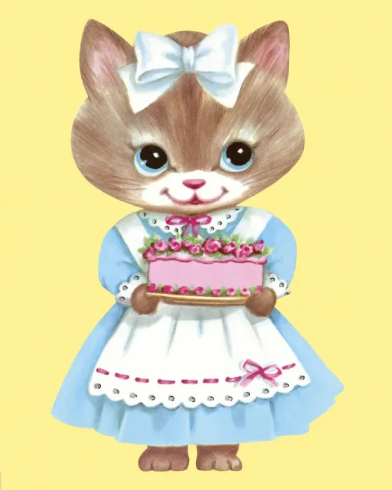 Framed Print : Kitten Wearing a Dress Holding a Cake Framed Print : Kitten Wearing a Dress Holding a Cake