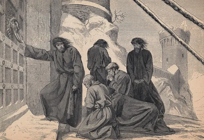 Framed Print : Kneeling Henry IV and Party Outside Doors of Building Framed Print : Kneeling Henry IV and Party Outside Doors of Building