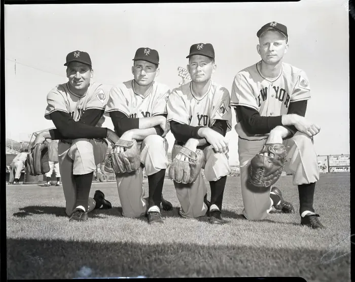 Framed Print : Four Kneeling New York Giants, Thomson, Dark, Williams and Lockman Framed Print : Four Kneeling New York Giants, Thomson, Dark, Williams and Lockman