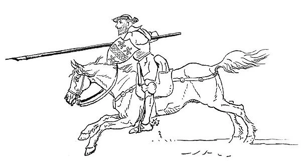 Knight. Vintage engraving from 1883 of a sketch of a knight on horseback