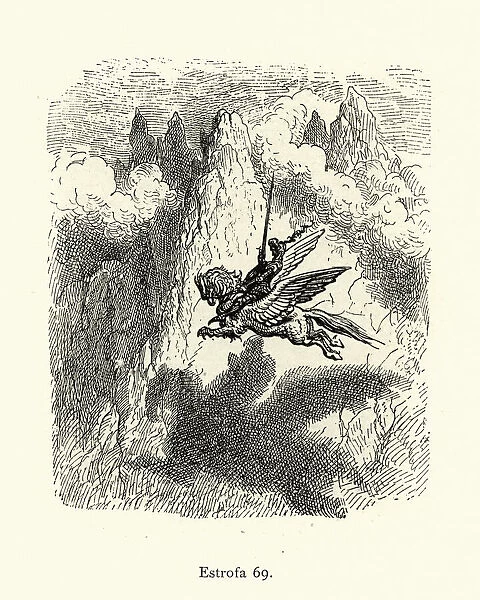 Knight flying on back of a hippogriff. Orlando Furioso