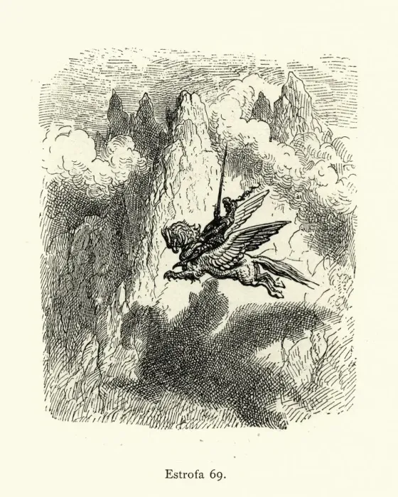 Framed Print : Knight flying on back of a hippogriff. Orlando Furioso