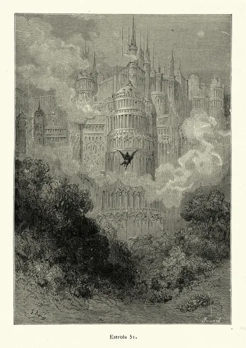 Framed Print : Knight flying towards mythical city on a hippogriff, Medieval fantasy Framed Print : Knight flying towards mythical city on a hippogriff, Medieval fantasy