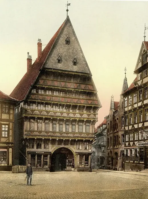 Framed Print : The Knochenhaueramtshaus in Hildesheim, Lower Saxony, Germany, Historic, digitally restored reproduction of a photochrome print from the 1890s Framed Print : The Knochenhaueramtshaus in Hildesheim, Lower Saxony, Germany, Historic, digitally restored reproduction of a photochrome print from the 1890s