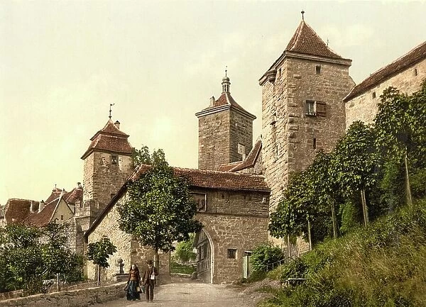 The Kobolzell Gate in Rothenburg ob der Tauber, Bavaria, Germany, Historic, digitally restored reproduction of a photochrome print from the 1890s