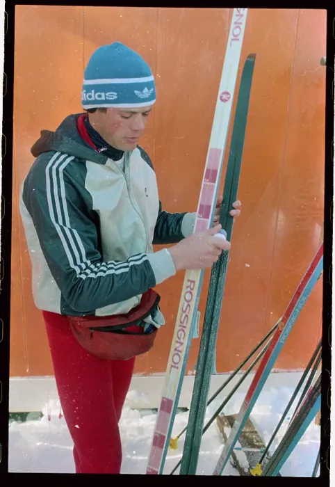 Framed Print : Bill Koch Working on His Skis