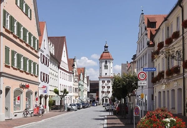 Koenigstrasse street with Mitteltorturm gate tower, Dillingen an der Donau, Donauried region, Swabia, Bavaria, Germany, Europe