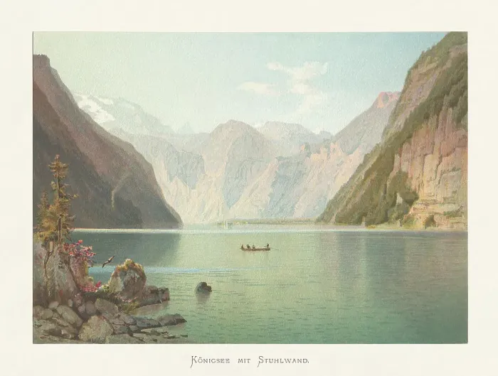 Framed Print : Konigssee (King's lake), Berchtesgadener Land, Bavaria, Germany, chromolithograph, published ca. 1874 Framed Print : Konigssee (King's lake), Berchtesgadener Land, Bavaria, Germany, chromolithograph, published ca. 1874