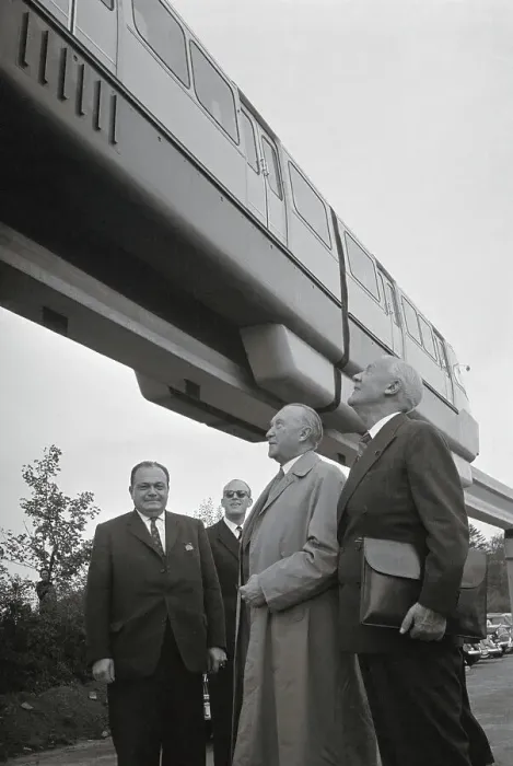 Framed Print : Konrad Adenauer and Axel Wenner-Gren Looking at Monorail Train Framed Print : Konrad Adenauer and Axel Wenner-Gren Looking at Monorail Train