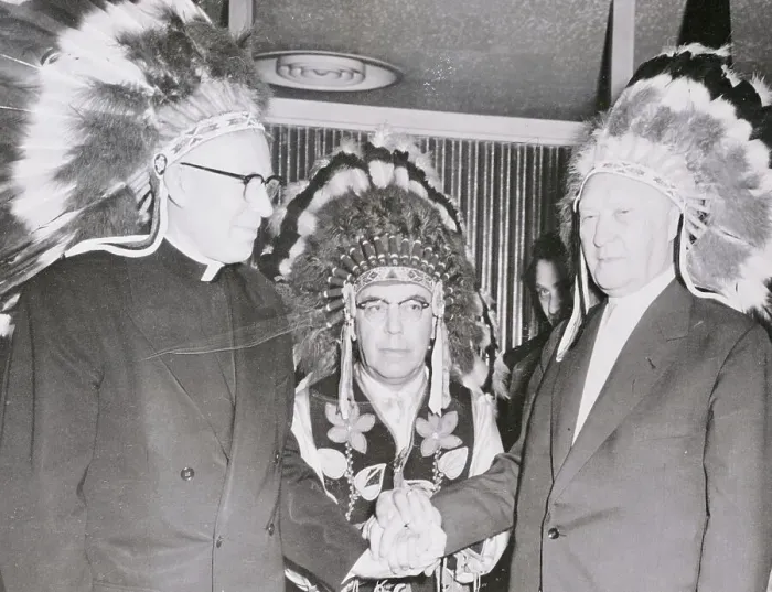 Framed Print : Konrad Adenauer and Colleagues Wearing Indian Headdresses Framed Print : Konrad Adenauer and Colleagues Wearing Indian Headdresses