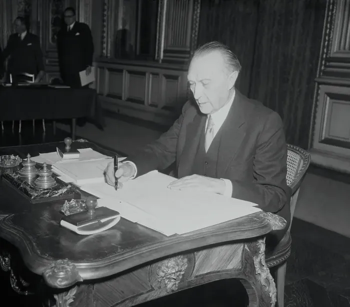 Framed Print : Konrad Adenauer Signing a Document Framed Print : Konrad Adenauer Signing a Document
