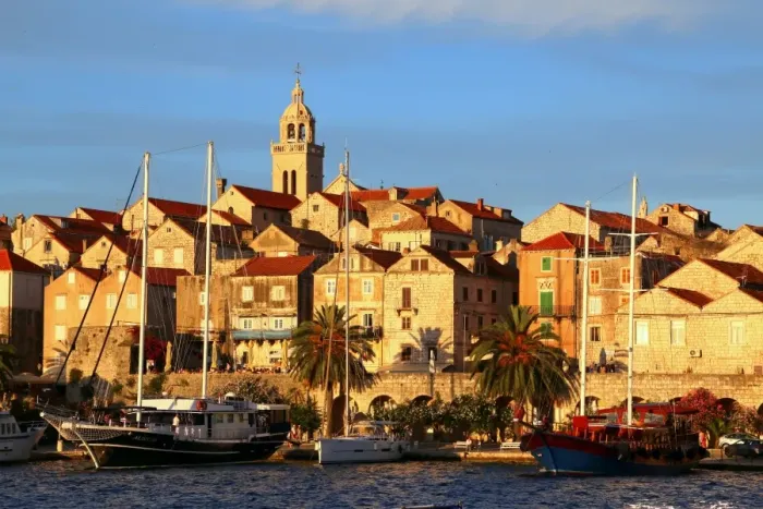 Framed Print : Korcula, view of the fortified town by the sea at sunset, Dalmatia, Croatia Framed Print : Korcula, view of the fortified town by the sea at sunset, Dalmatia, Croatia