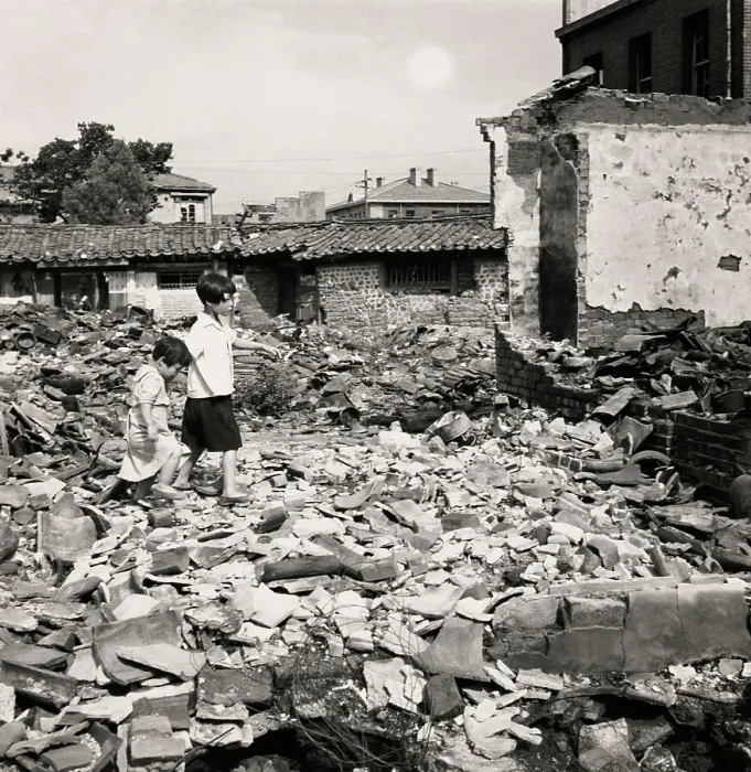 Framed Print : Korean Children Walking Through Ruins Framed Print : Korean Children Walking Through Ruins